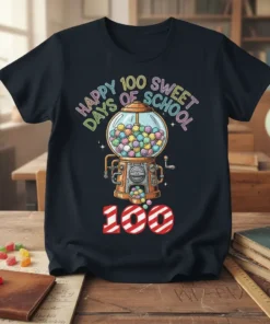 Happy 100 Sweet Days of School text with gumball machine graphic on a black t-shirt