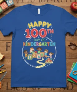 Happy 100th Day of Kindergarten text with cute kids playing with blocks and a schoolhouse graphic