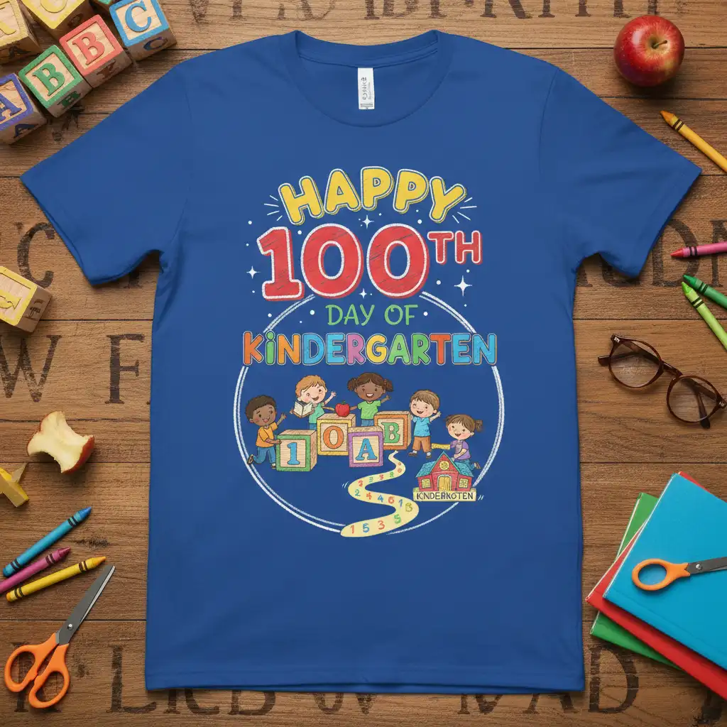Happy 100th Day of Kindergarten text with diverse children playing and learning blocks on a celebratory school shirt