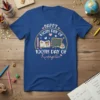 Happy 100th Day of Kindergarten t-shirt featuring colorful school graphics, books, and pencils
