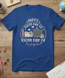 Happy 100th Day of Kindergarten t-shirt featuring colorful school graphics, books, and pencils