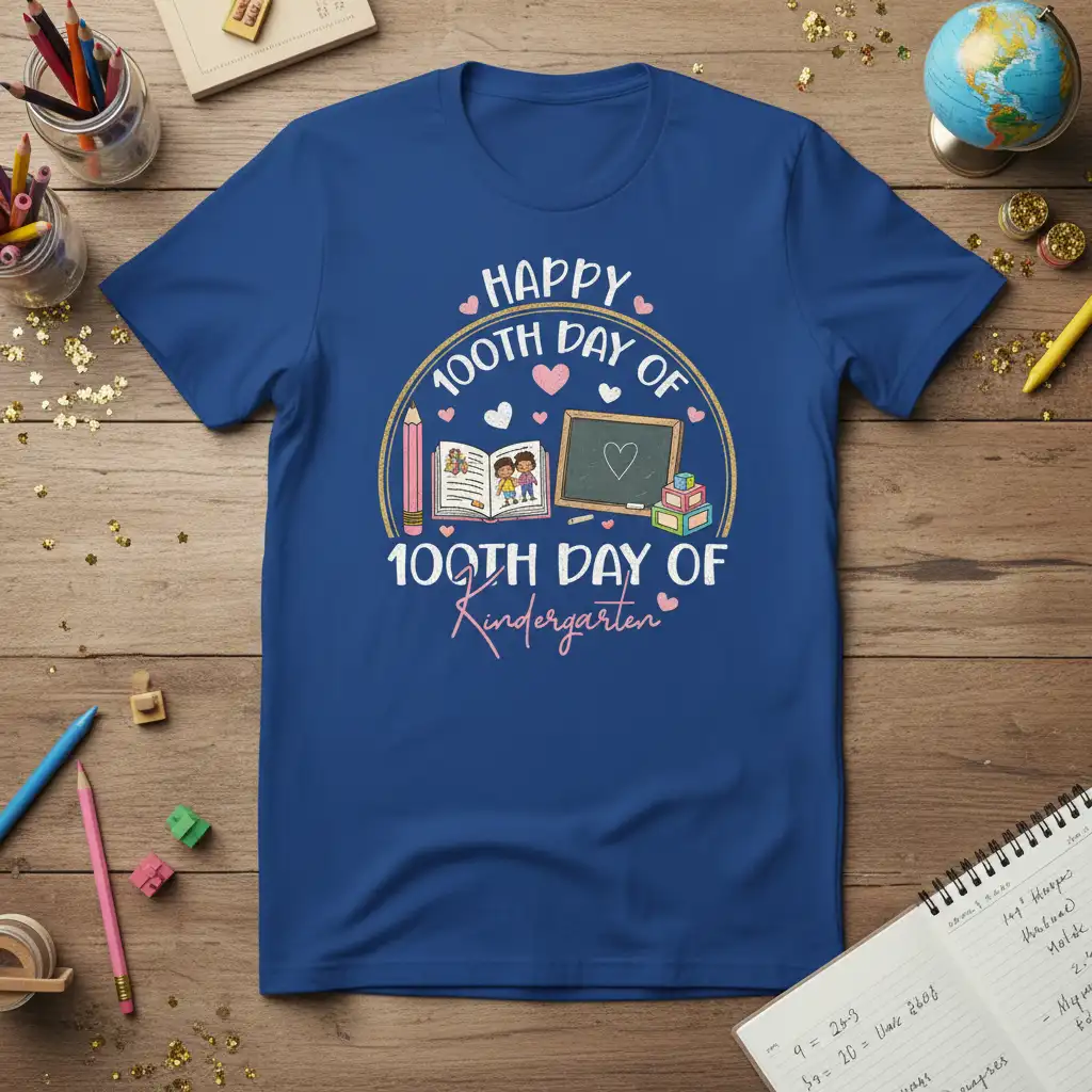 Happy 100th Day of Kindergarten t-shirt with school motifs, books, and pencils for teachers and students