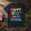 Happy 100th Day of School text in tie-dye design with colorful dots and a pencil graphic on a navy t-shirt