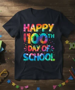 Happy 100th Day of School text in tie-dye design with colorful dots and a pencil graphic on a navy t-shirt
