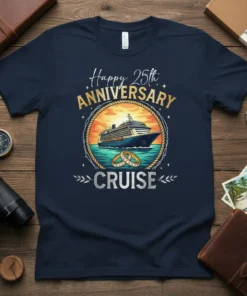 Happy 25th Anniversary Cruise t-shirt design featuring a cruise ship, wedding rings, and celebratory text