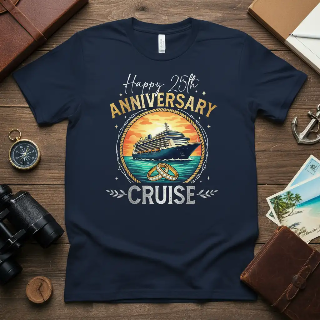 Happy 25th Anniversary Cruise t-shirt graphic with cruise ship, rings, and text for couples celebrating
