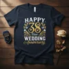 Happy 38 Year Wedding Anniversary text design with gold floral accents on a navy t-shirt
