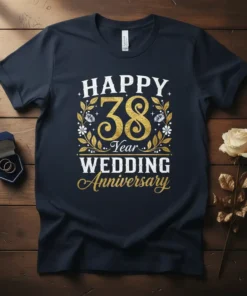 Happy 38 Year Wedding Anniversary text design with gold floral accents on a navy t-shirt