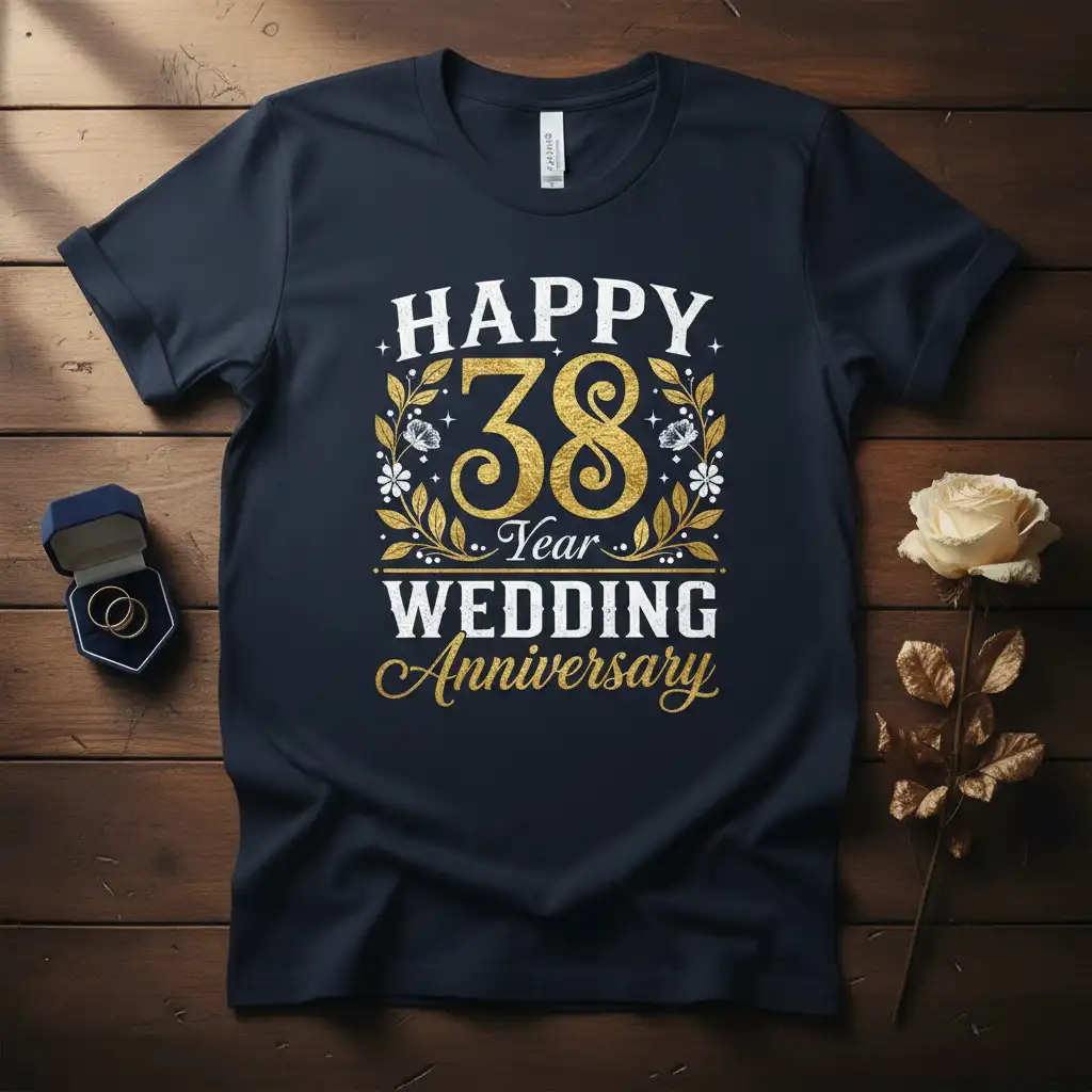 Happy 38 Year Wedding Anniversary quote with gold embellishments on a classic navy t-shirt