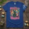 Happy 4-20 Easter t-shirt with a silhouette of a bunny filled with cannabis leaves, surrounded by psychedelic swirls and Easter