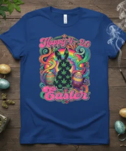 Happy 4-20 Easter t-shirt with a silhouette of a bunny filled with cannabis leaves, surrounded by psychedelic swirls and Easter