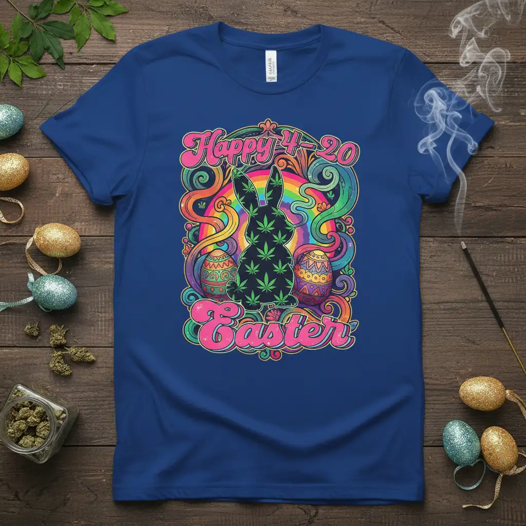 Happy 4-20 Easter graphic t-shirt featuring a cannabis leaf-patterned bunny and psychedelic swirls