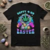 Happy 4-20 Easter t-shirt design featuring cannabis leaf, colorful wreath, and decorated Easter eggs with festive text