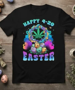 Happy 4-20 Easter t-shirt design featuring cannabis leaf, colorful wreath, and decorated Easter eggs with festive text
