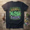 Happy 420 Easter t-shirt design with neon green 420 text, cannabis leaves, and Easter eggs