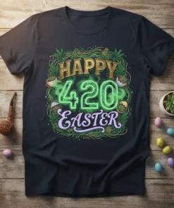 Happy 420 Easter t-shirt design with neon green 420 text, cannabis leaves, and Easter eggs