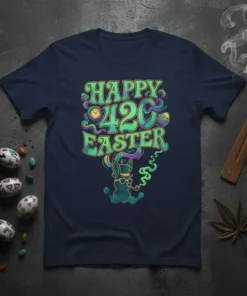 Happy 420 Easter t-shirt design featuring psychedelic text and a smoking bunny graphic