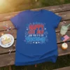 Blue t-shirt with "Happy 4th July And Yes It's My Birthday" text in red and blue, with fireworks and stars