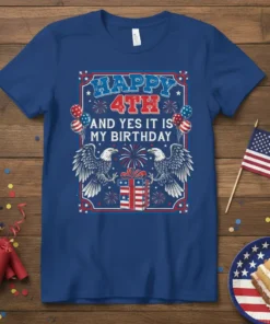 Happy 4th And Yes It Is My Birthday t-shirt design with patriotic eagles, fireworks, and balloons