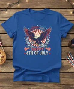 Happy 4th of July t-shirt with eagle graphic, fireworks, and American flags. Patriotic USA holiday design