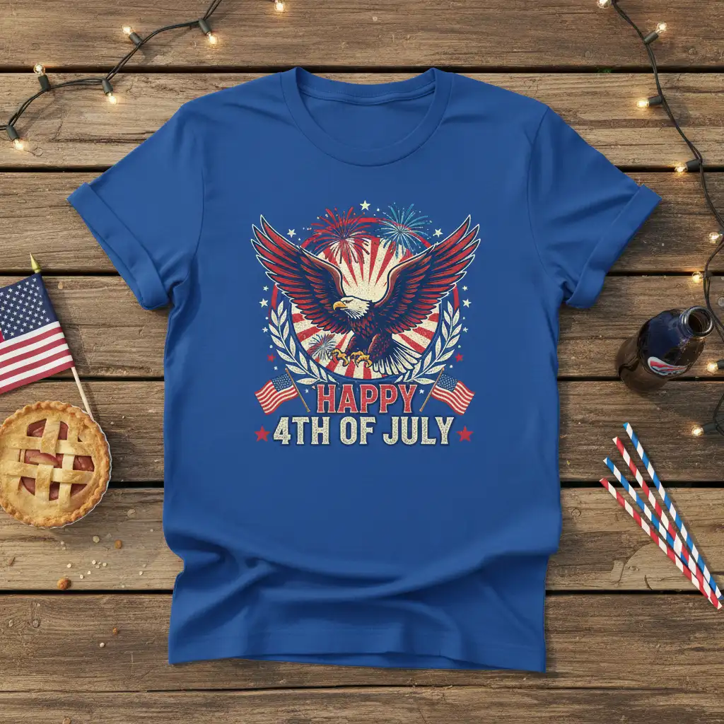 Happy 4th of July text with an eagle, fireworks, and USA flags on a patriotic t-shirt design