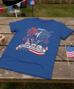 Happy 4th of July Freedom Celebration t-shirt with gnomes and fireworks graphic