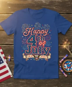 Happy 4th of July t-shirt with fireworks, American flag elements, and an eagle graphic