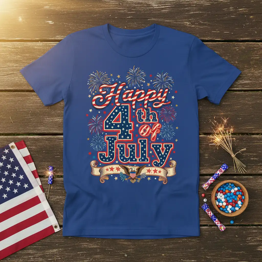 Happy 4th of July text design with fireworks and eagle graphic on a blue t-shirt