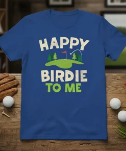 Happy Birdie To Me golf quote t-shirt with a golf course graphic and flag