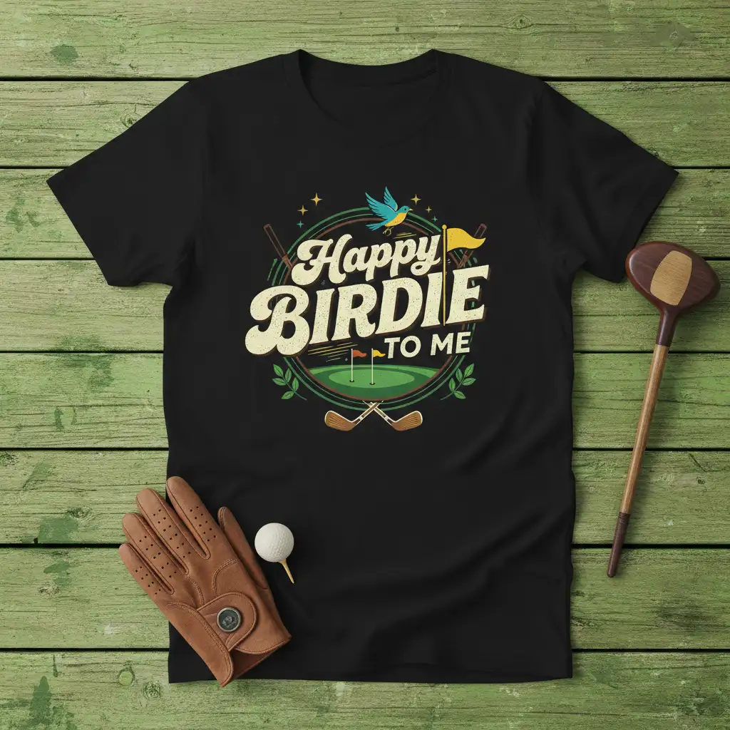 Happy Birdie TO ME golf t-shirt design featuring a golf course and clubs