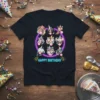 Happy Birthday t-shirt design with cartoon animals blowing bubblegum, wearing party hats and glasses, inside a neon circle