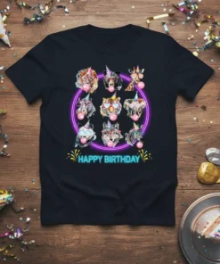 Happy Birthday t-shirt design with cartoon animals blowing bubblegum, wearing party hats and glasses, inside a neon circle