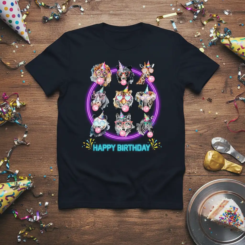 Happy Birthday text with whimsical animals blowing bubblegum on a festive celebration t-shirt design