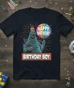 Happy Birthday Birthday Boy Godzilla T-Shirt design featuring a green kaiju holding a rainbow balloon and wearing a cake hat