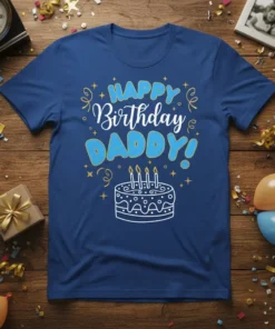 Happy Birthday DADDY! text with a birthday cake graphic on a blue t-shirt