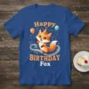 Happy Birthday Fox t-shirt design with a cute fox wearing a party hat and balloons
