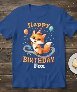 Happy Birthday Fox t-shirt design with a cute fox wearing a party hat and balloons