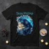 Happy Birthday Godzilla T-Shirt with the monster holding a birthday cake, glowing blue spines, and celebratory text