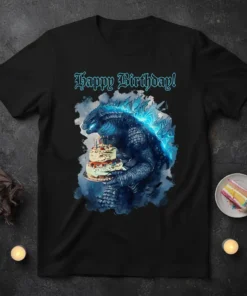 Happy Birthday Godzilla T-Shirt with the monster holding a birthday cake, glowing blue spines, and celebratory text