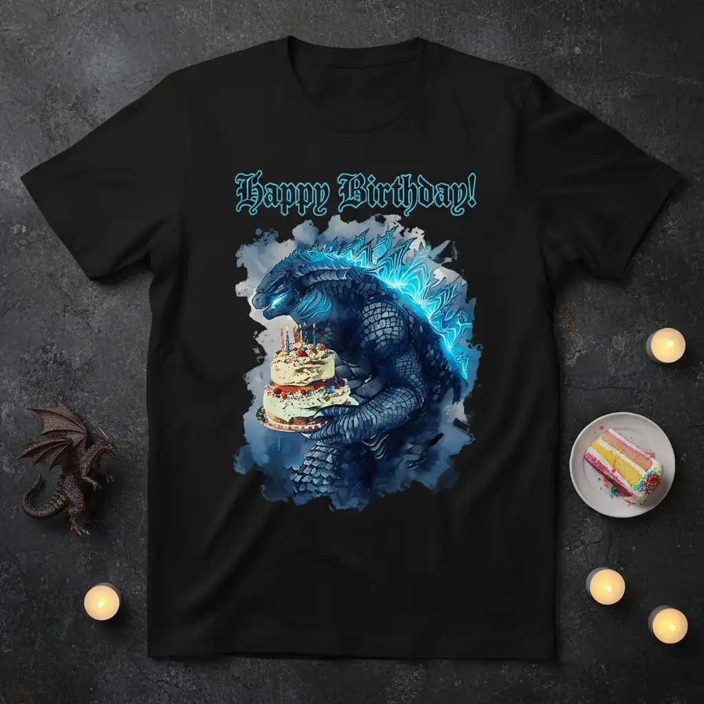Happy Birthday Godzilla T-Shirt design featuring the kaiju holding a birthday cake and glowing blue spines
