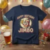 Happy Birthday Jimbo t-shirt with a cartoon beer can holding a beer, vintage style, for birthday celebration gift