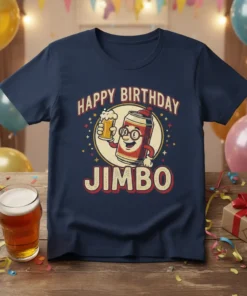 Happy Birthday Jimbo t-shirt with a cartoon beer can holding a beer, vintage style, for birthday celebration gift