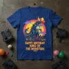 Happy Birthday King of the Monsters text with Godzilla graphic on a blue t-shirt, holding balloons and cake