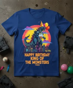Happy Birthday King of the Monsters text with Godzilla graphic on a blue t-shirt, holding balloons and cake