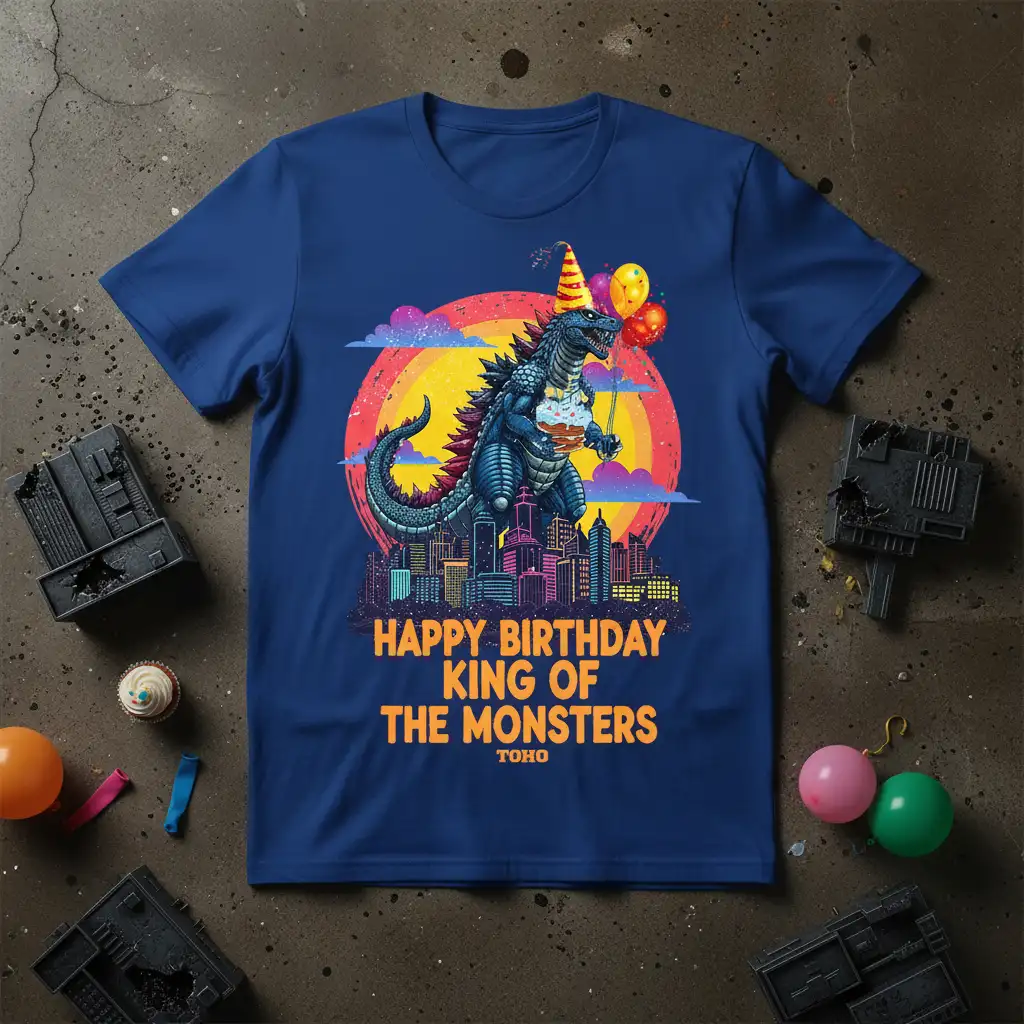 Happy Birthday King of the Monsters text and Godzilla graphic on a blue t-shirt, perfect for a kaiju fan's birthday celebration