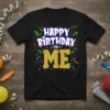 Happy Birthday To Me text design on a black t-shirt with gold glitter and colorful confetti