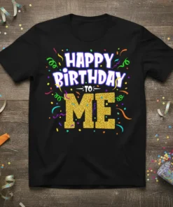 Happy Birthday To Me text design on a black t-shirt with gold glitter and colorful confetti