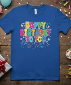 Happy Birthday To You text design with colorful balloons, confetti, and fireworks graphic on a royal blue t-shirt