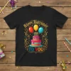 Happy Birthday To You t-shirt design with colorful cake, balloons, and confetti, featuring festive typography
