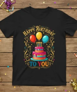 Happy Birthday To You t-shirt design with colorful cake, balloons, and confetti, featuring festive typography